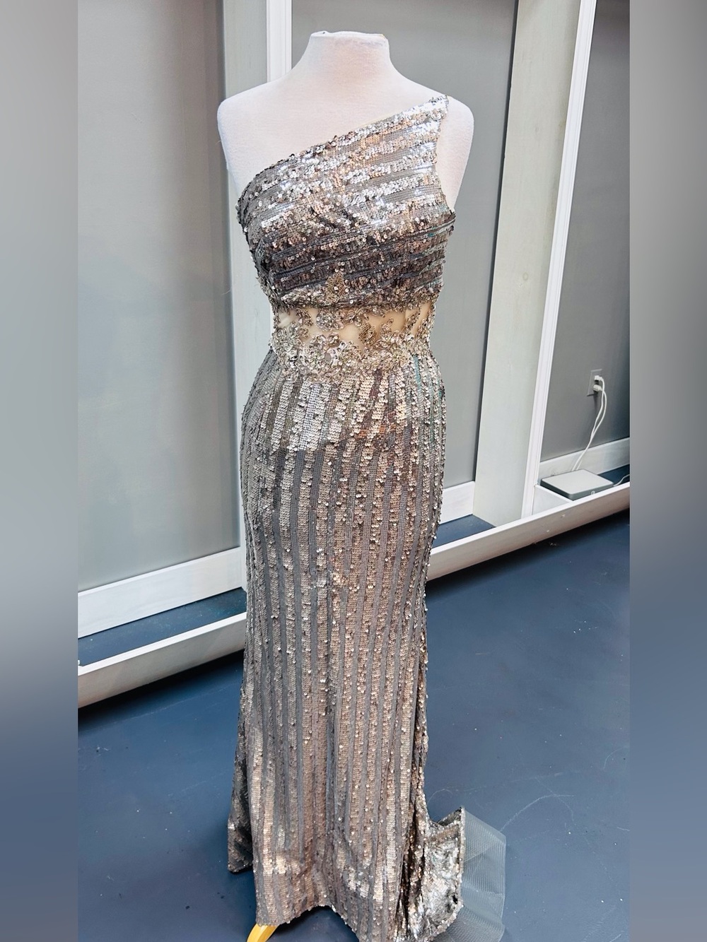 Rachel Allan Silver Sequin One-Shoulder Gown